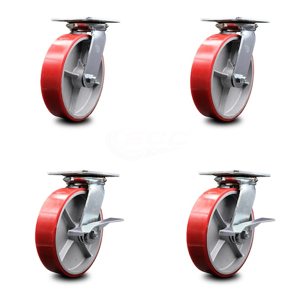 8 Inch Red Poly on Cast Iron Swivel Caster Set with Ball Bearings 2 Brakes SCC